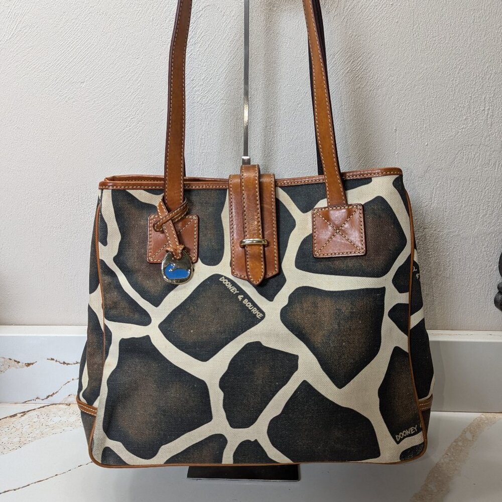 Dooney & Bourke Giraffe on canvas w/leather & blue duck. EUC.